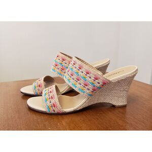 Coldwater Creek Wedge Sandals Natural‎ Woven 7.5 Burlap Colorful Southwest